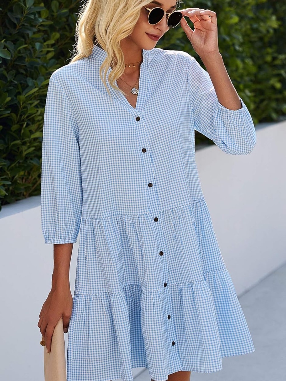 Light Blue Gingham Button-Front Midi Dress